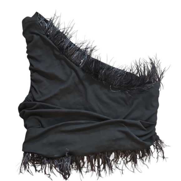 MWT Anthropologie Black Feathered One-Shoulder Cropped Top sz XL - Picture 5 of 12